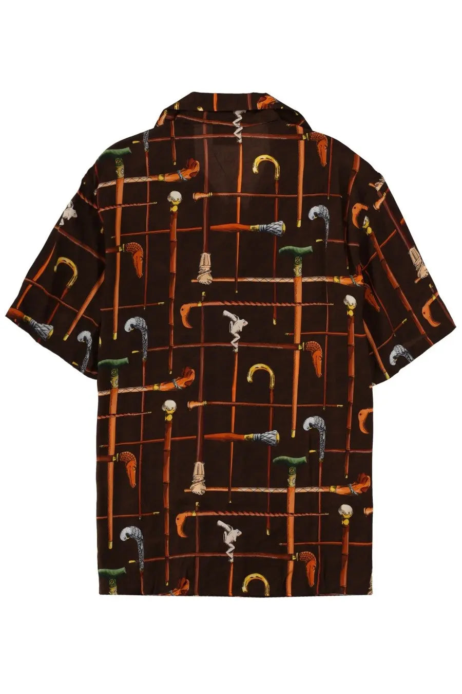Drôle de Monsieur men’s dark brown short-sleeved shirt with multicolor walking cane print in orange green silver gold tones