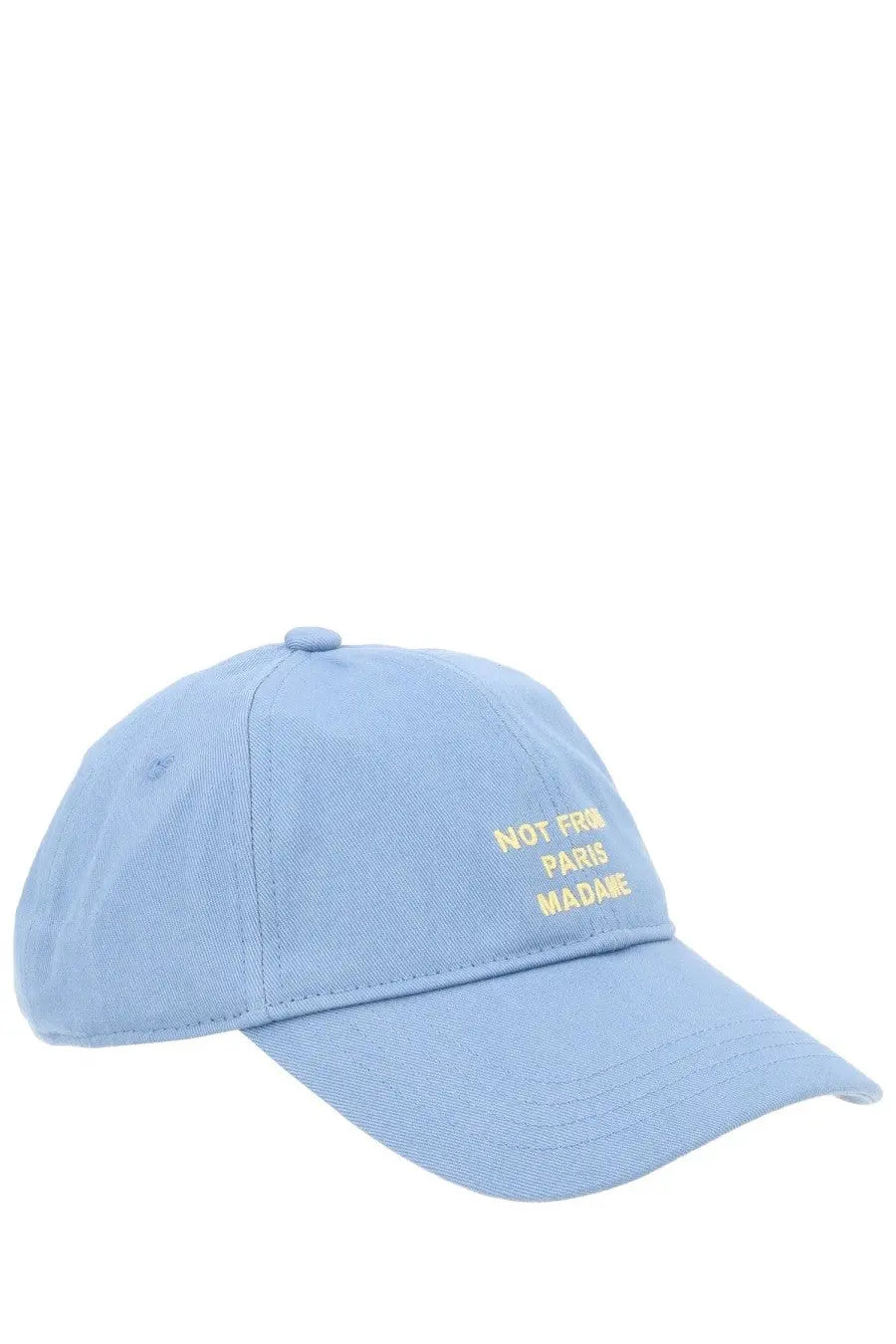 Light blue cotton baseball cap by drôle de monsieur with gold embroidered not from paris madame text on front