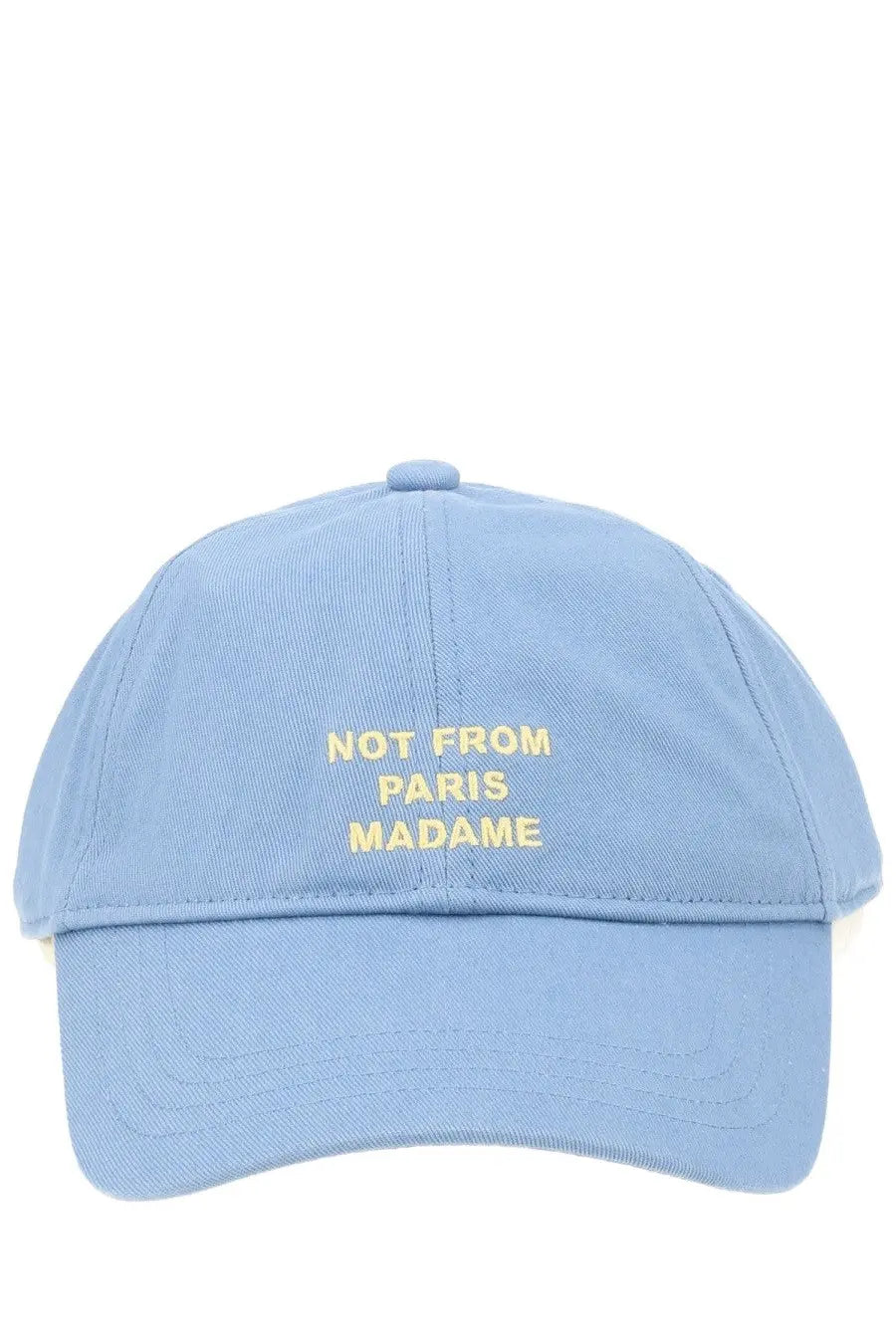 Drôle de monsieur men’s light blue cotton baseball cap with gold embroidered not from paris madame text