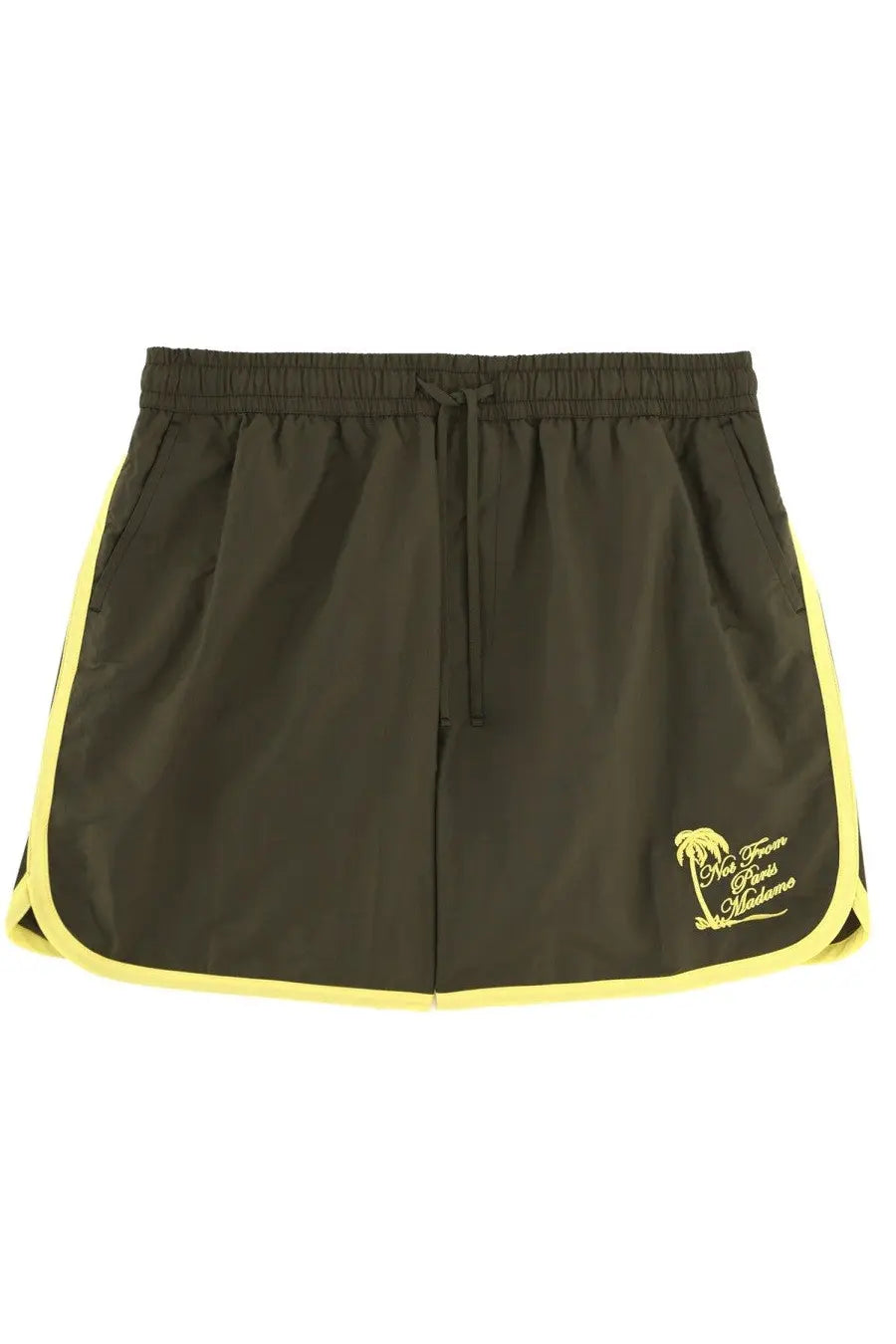 Drôle de Monsieur men’s costume da bagno con ricamo green dark olive green athletic shorts with yellow side panels and palm tree logo