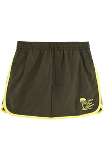 Drôle de Monsieur men’s costume da bagno con ricamo green dark olive green athletic shorts with yellow side panels and palm tree logo