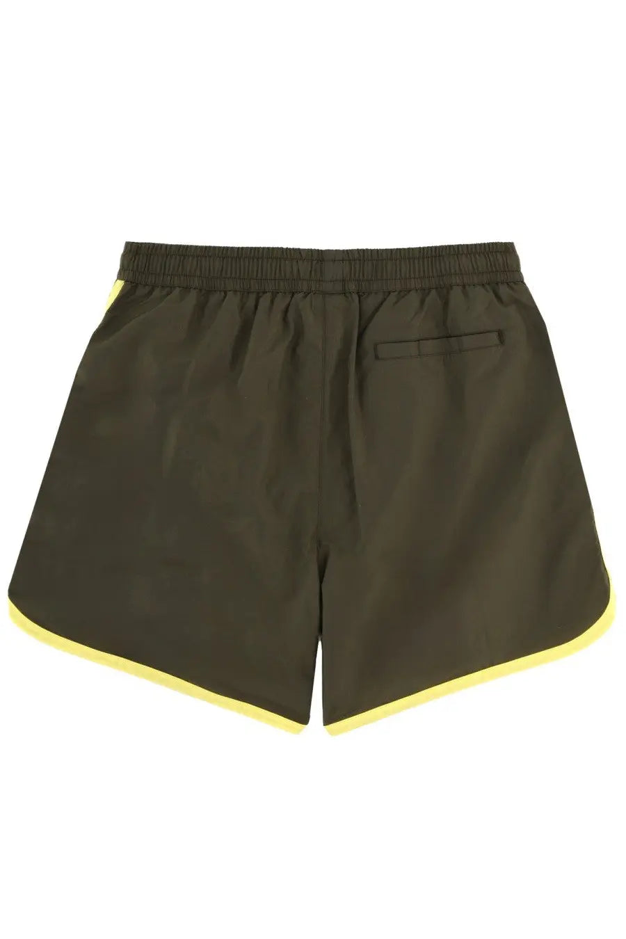 Drôle de monsieur men’s olive green swim trunks with bright yellow trim along hem and side seams