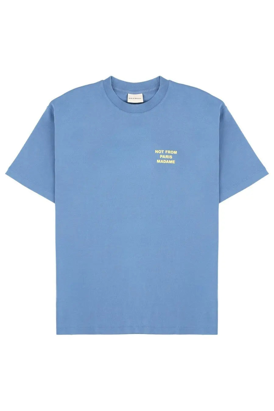 Drôle de monsieur men’s light blue cotton t-shirt with small yellow embroidered phrase on left chest
