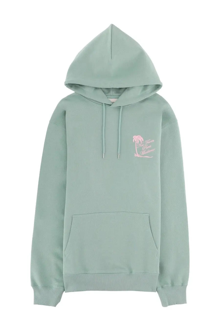 Drôle de Monsieur men’s soft mint green cotton hoodie with subtle pink palm tree and script design on the chest