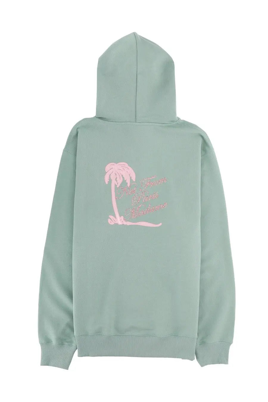 The back of a soft mint green drôle de monsieur men’s felpa slogan palmiers hoodie with pink embroidered palm tree and text