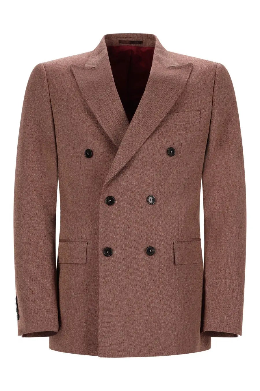 A tailored double-breasted brown wool blazer with dark buttons and burgundy lining by drôle de monsieur