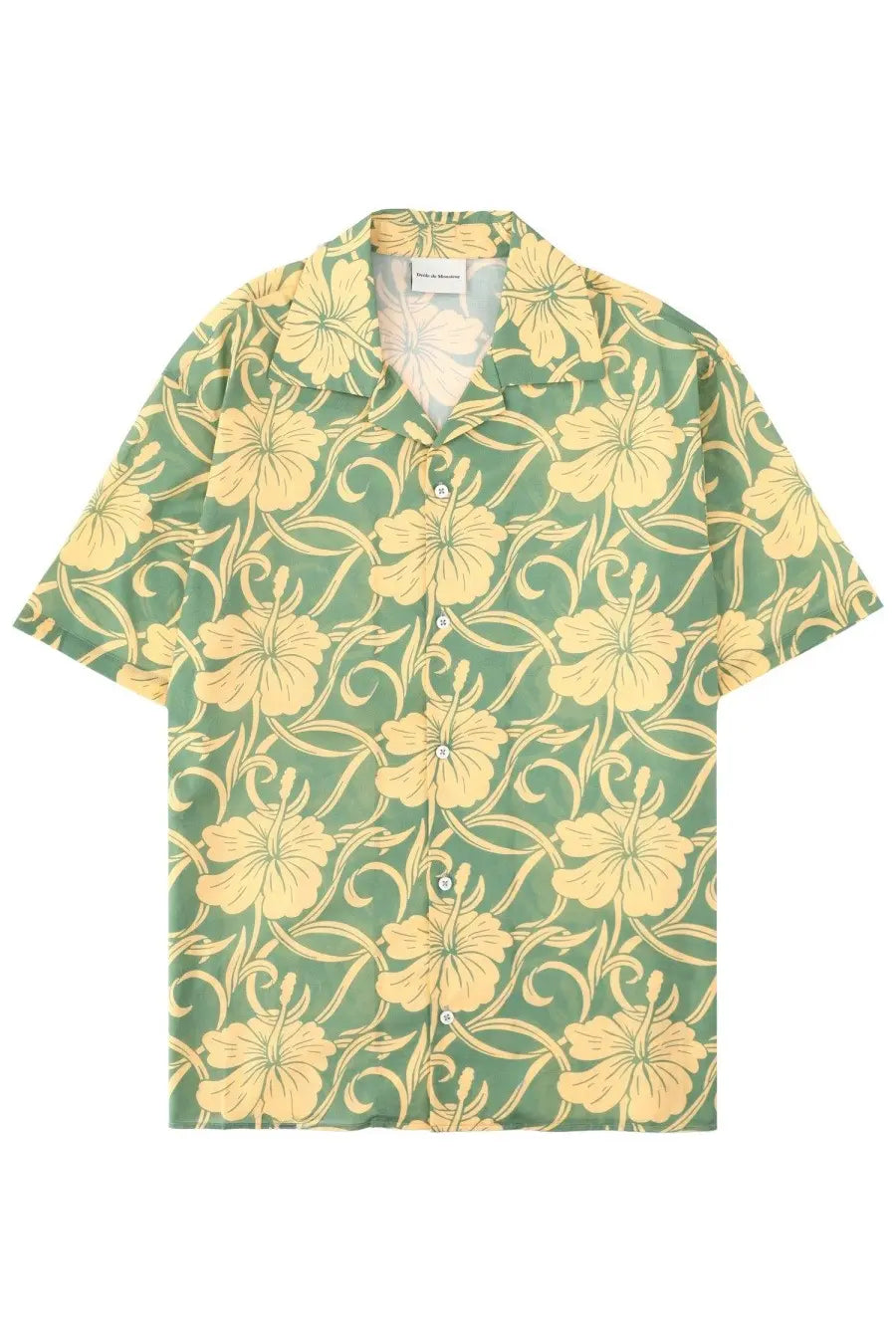 Drôle de Monsieur men’s short-sleeved green and yellow floral print button-up shirt with classic collar