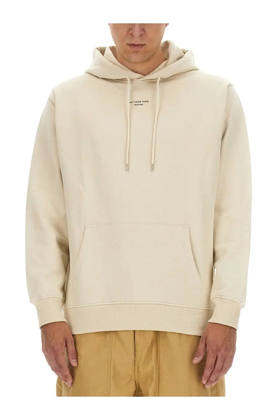 Drôle de Monsieur men’s beige cotton hoodie with cream color black logo on chest and matching drawstrings