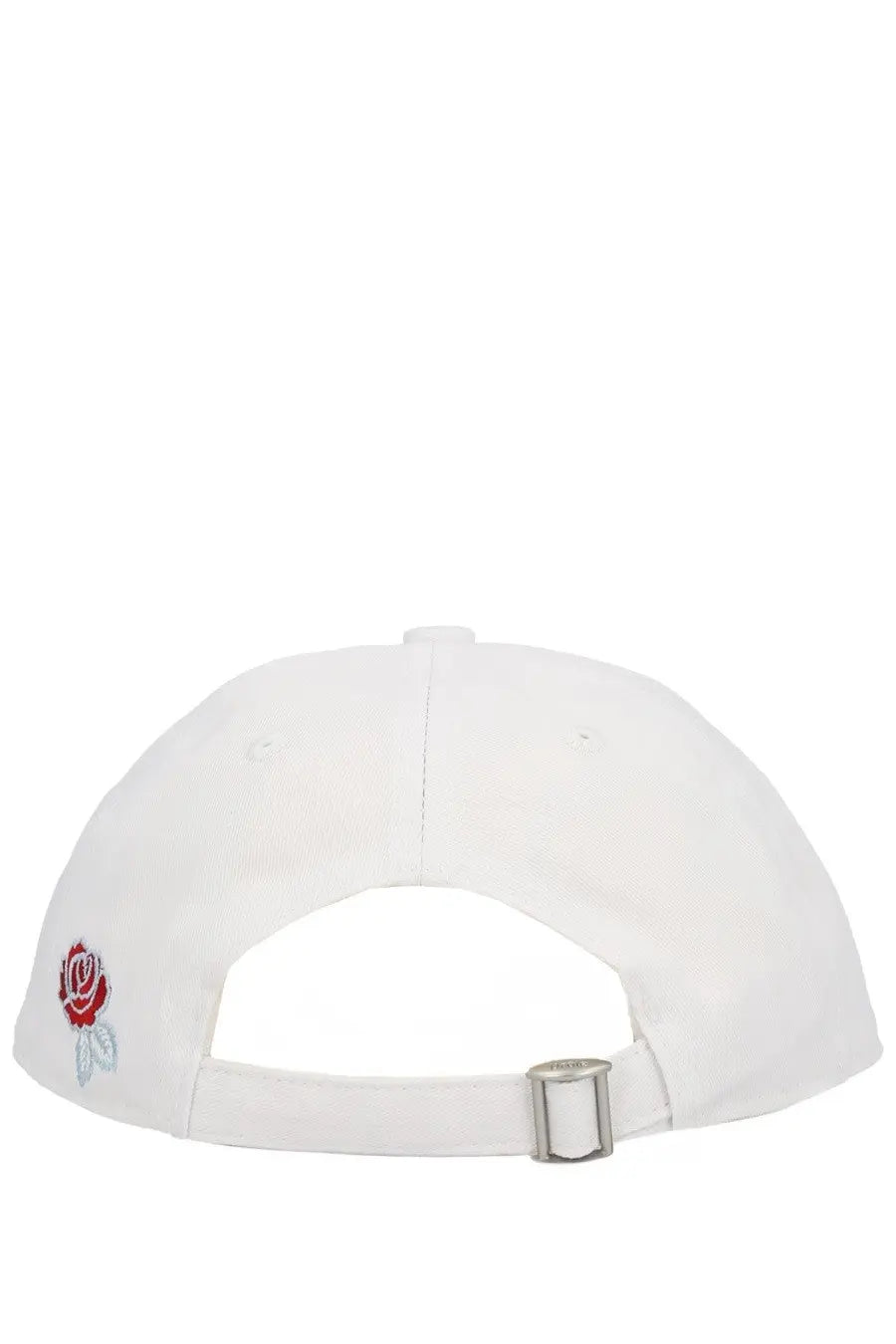 Drôle de Monsieur men’s LE white baseball cap with embroidered red rose and silver thread detailing and metallic buckle back
