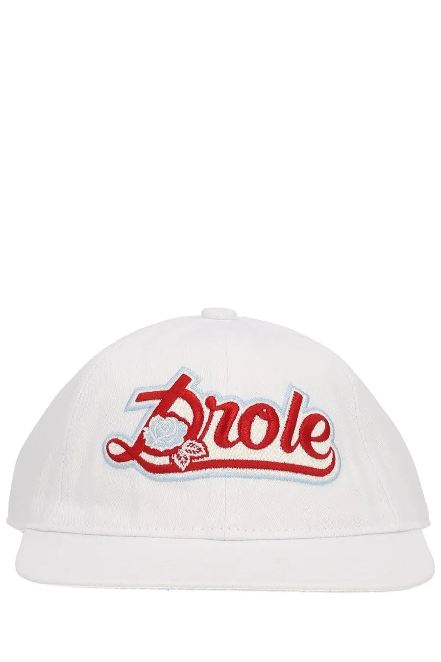 White baseball cap by drôle de monsieur featuring red and light blue embroidered drôle logo with rose design