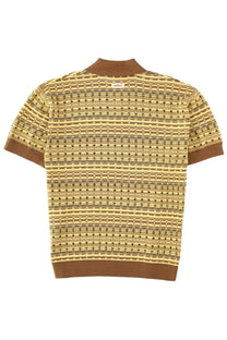 Drôle de Monsieur men’s mustard-yellow and brown knit polo shirt with geometric design and ribbed cuffs