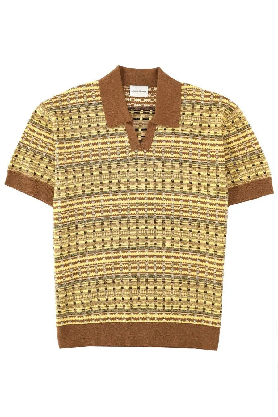 Drôle de Monsieur men’s maille Coogie polo shirt yellow with short sleeves and beige brown gray geometric pattern