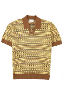 Drôle de Monsieur men’s maille Coogie polo shirt yellow short-sleeved with beige brown gray geometric pattern and solid collar