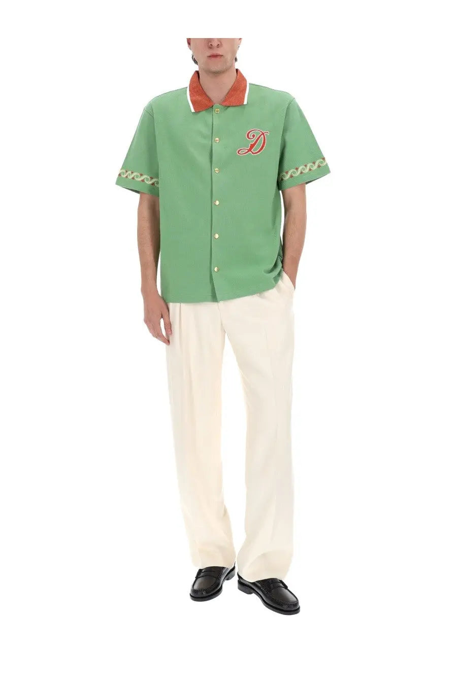 Drôle de monsieur men’s green short-sleeved button-up shirt with orange trim and red embroidered d on chest