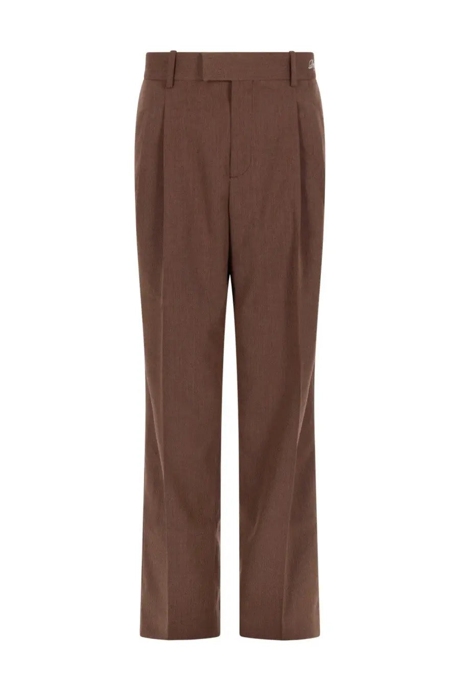 Brown pleated tailored fit trousers with subtle texture by drôle de monsieur men’s golfeur chevrons collection