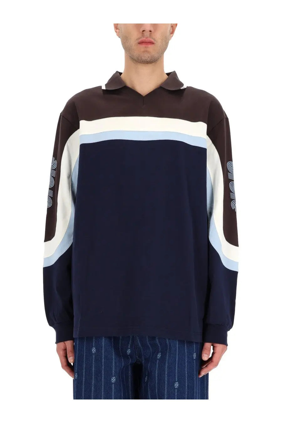 Drôle de Monsieur men’s polo shirt Racing Blue in navy blue white and brown with a collar and abstract circular sleeve patterns