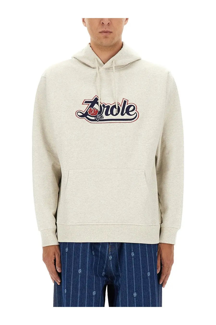 Cream-colored textured cotton hoodie with bold embroidered zorele logo red rose and navy blue lettering from drôle de monsieur