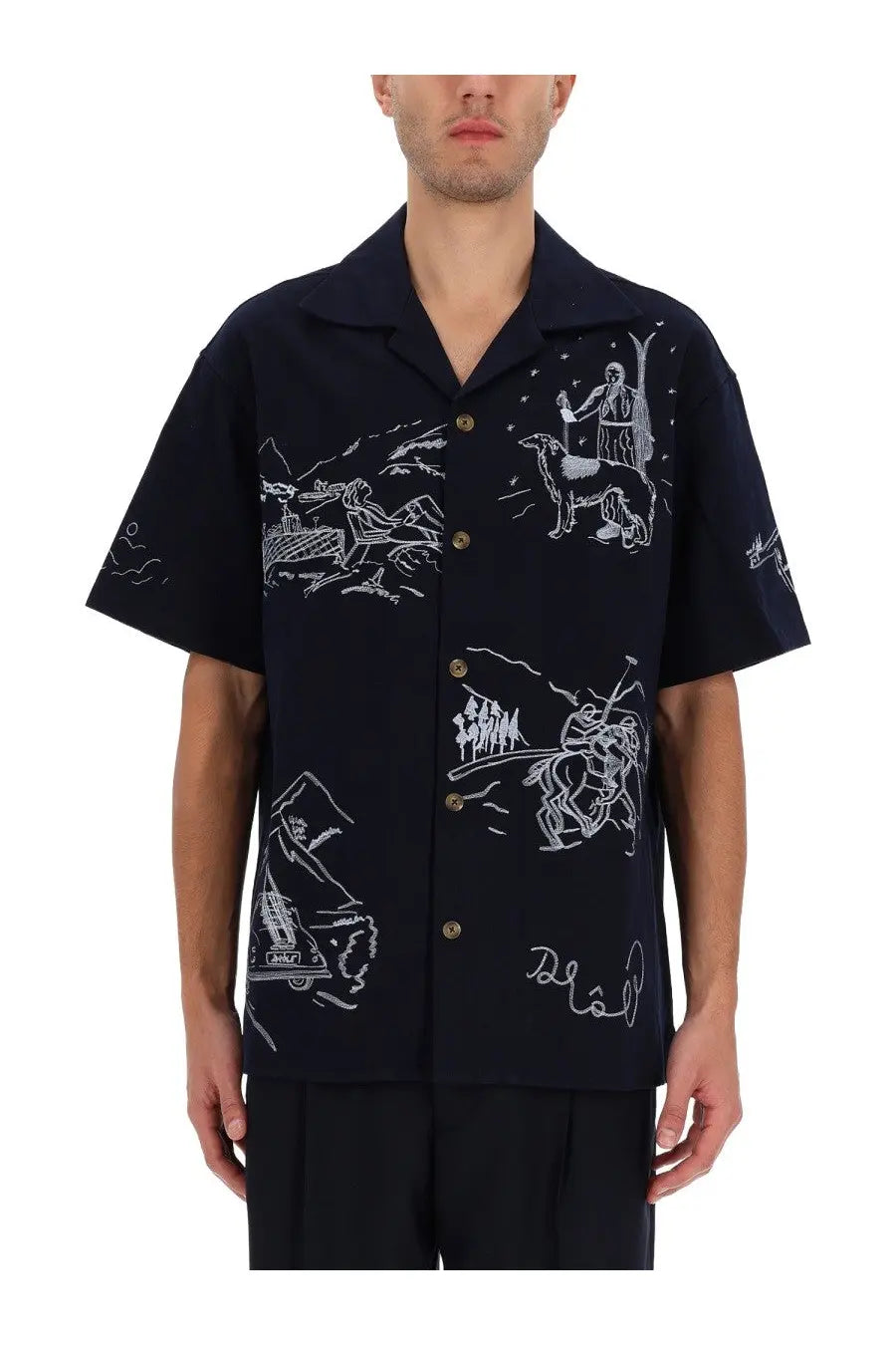 Drôle de Monsieur men’s black short-sleeved shirt with white vintage line illustrations perfect for casual wear