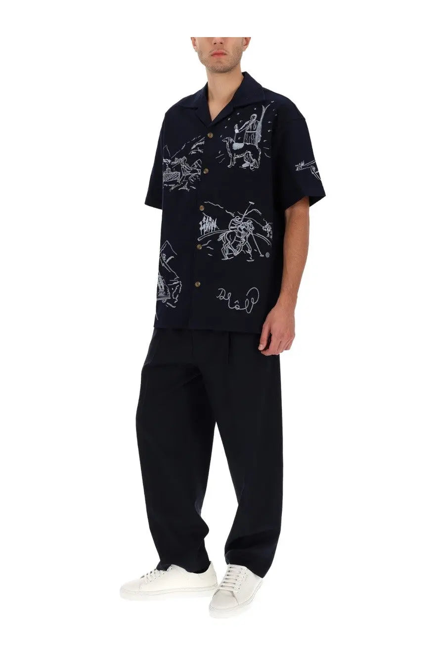 Drôle de monsieur men’s black short-sleeved button-up shirt with white line-drawn figure illustrations