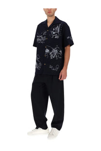 Drôle de monsieur men’s black short-sleeved button-up shirt with white line-drawn figure illustrations