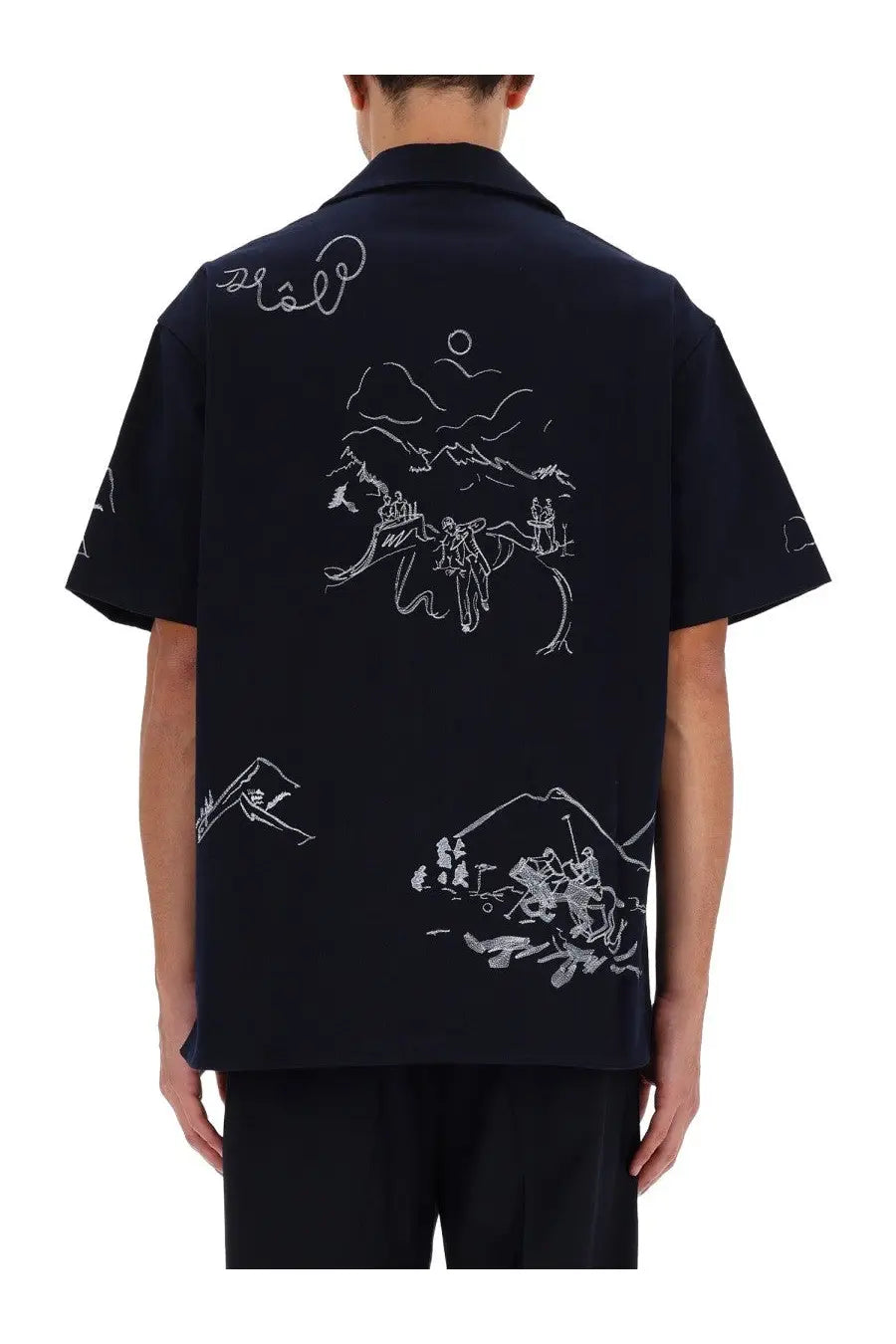 Drôle de monsieur men’s black short-sleeved shirt with white line-drawn mountain and landscape design