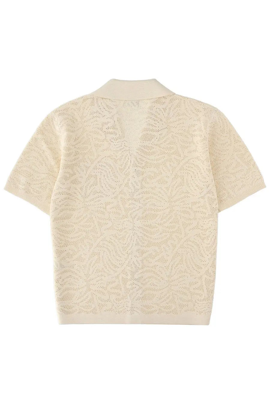 Cream-colored short-sleeved knit cardigan with a subtle leaf pattern and collar from drôle de monsieur beige maille dentelle shirt