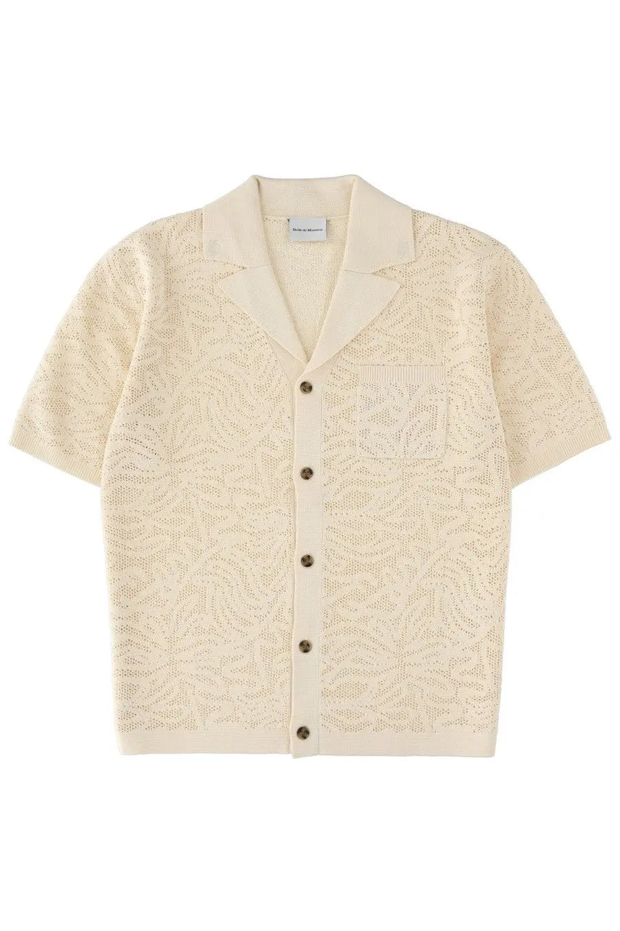 Drôle de Monsieur men’s cream short-sleeved knit cardigan with subtle leaf pattern and dark brown buttons