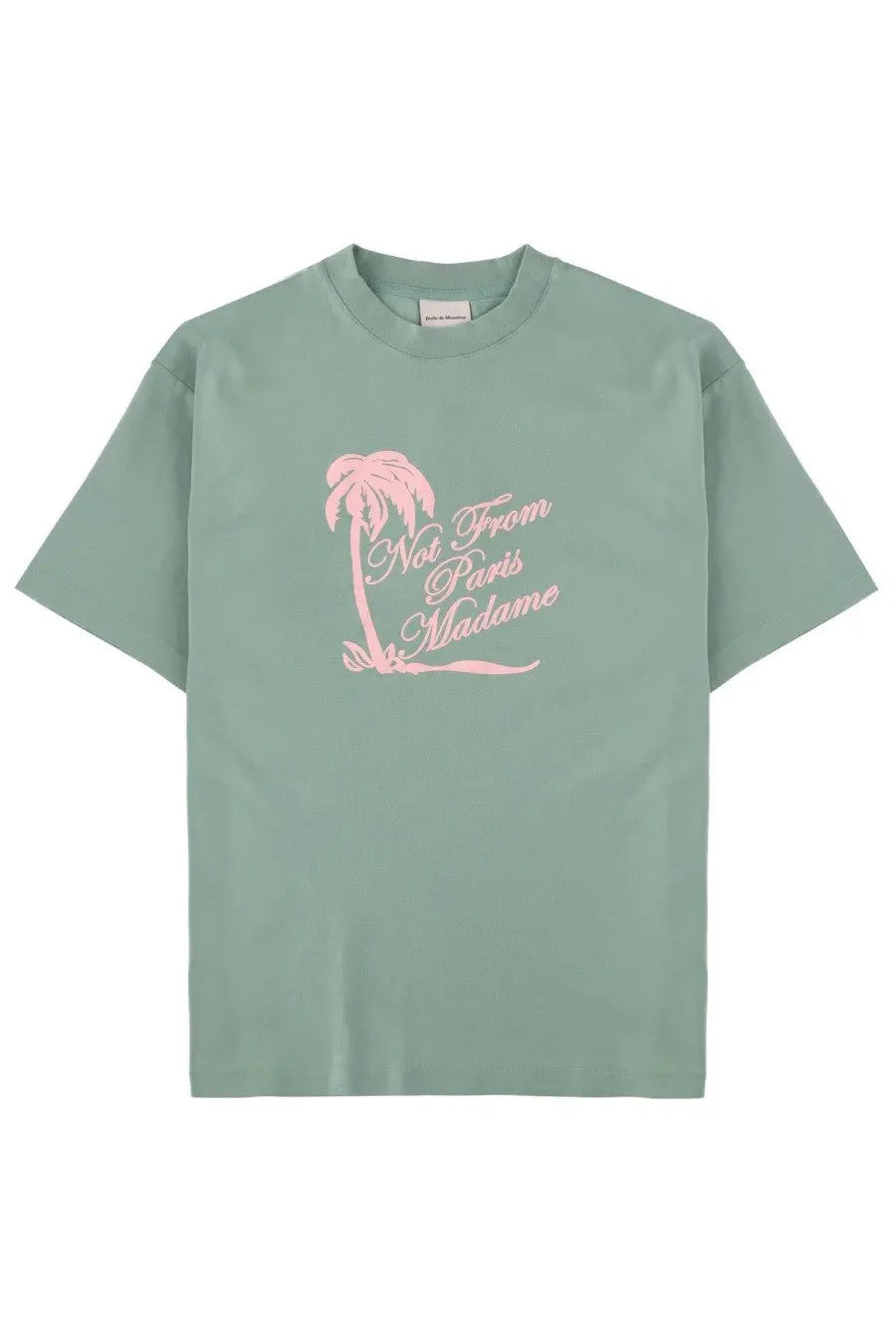 Drôle de monsieur men’s soft mint green short-sleeved t-shirt with pink palm tree and not from paris madame text