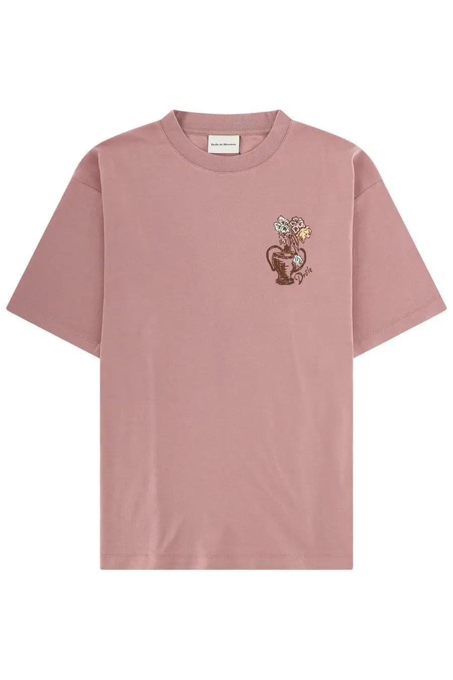 Drôle de Monsieur men’s soft pink oversized cotton t-shirt with small embroidered vase floral design on left chest