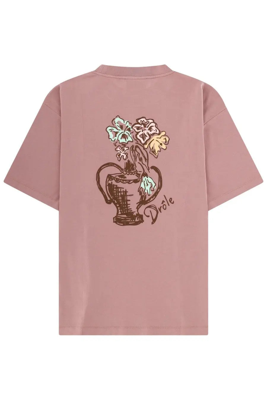 Soft pink oversized t shirt with a detailed vase and flowers illustration on the back from drôle de monsieur