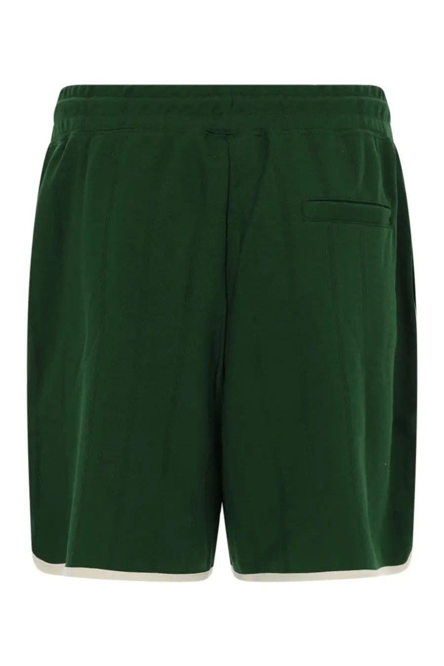 Drôle de Monsieur men’s hibiscus green athletic shorts with drawstring waistband and white trim along the hem