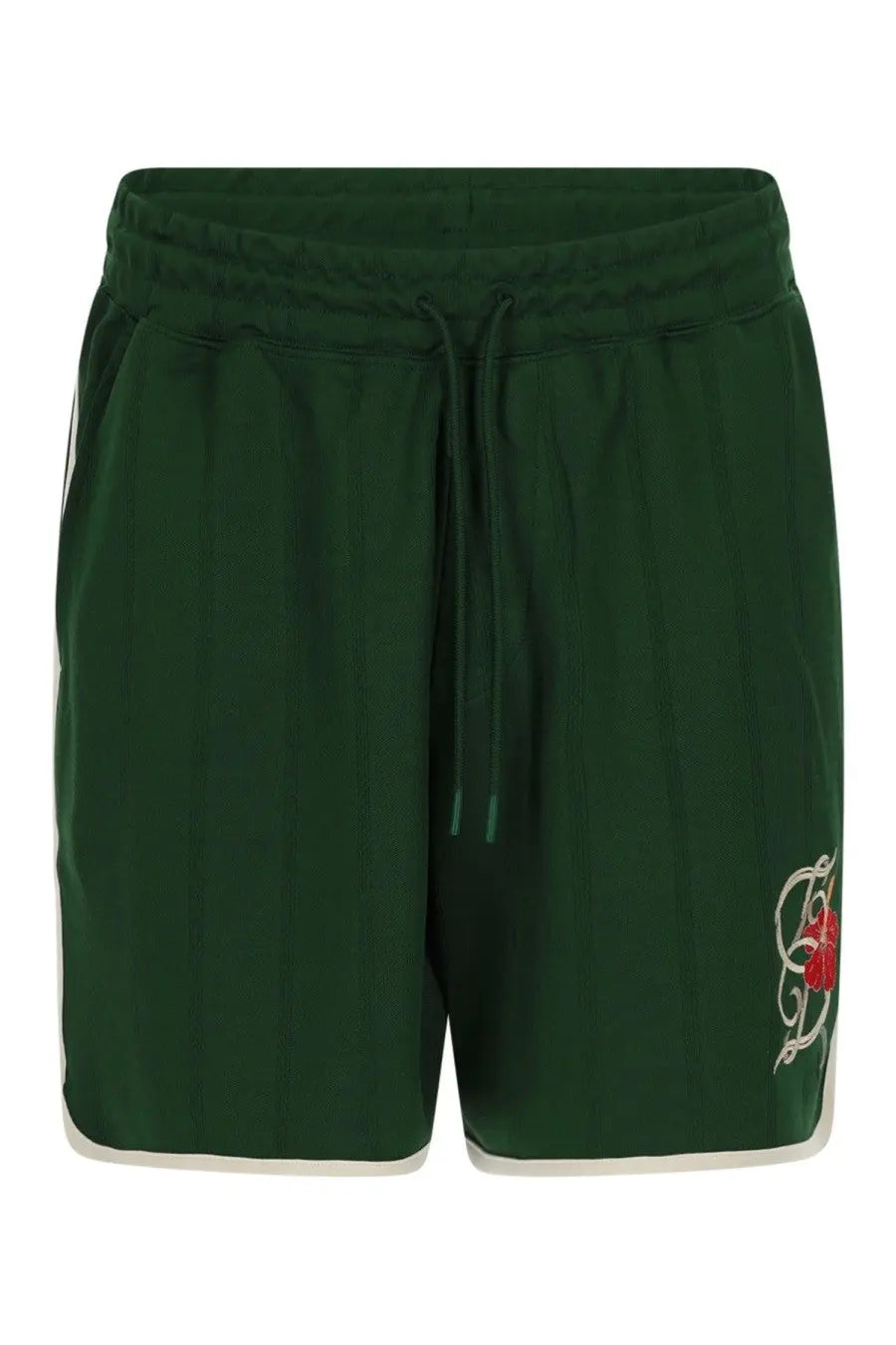 Drôle de Monsieur men’s dark green athletic shorts with white side stripes and red rose embroidery on the lower right leg