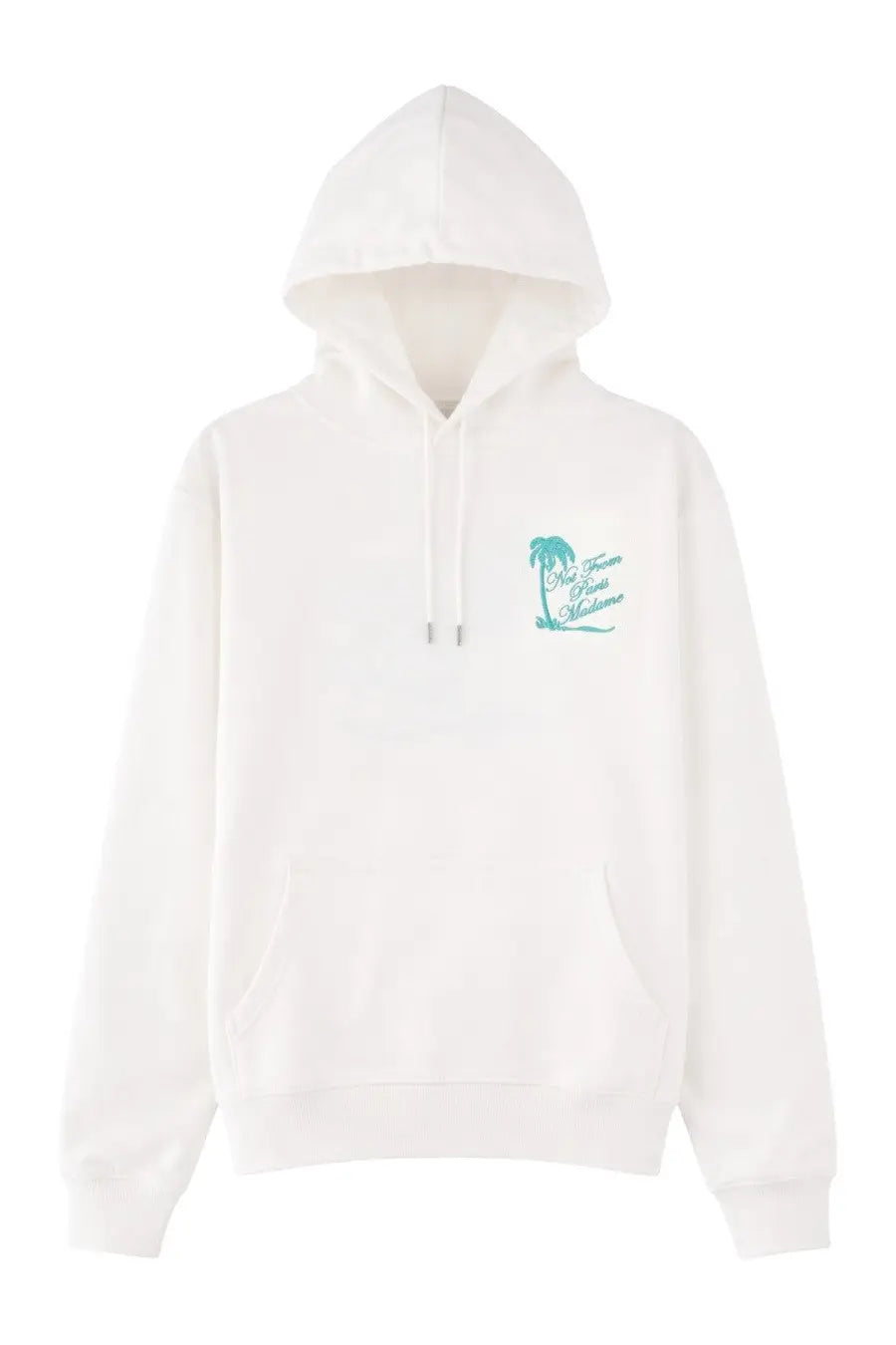 Drôle de Monsieur men’s white hoodie with teal palm tree and script logo on left chest in soft cotton material