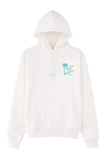 Drôle de Monsieur men’s white hoodie with teal palm tree and script logo on left chest in soft cotton material