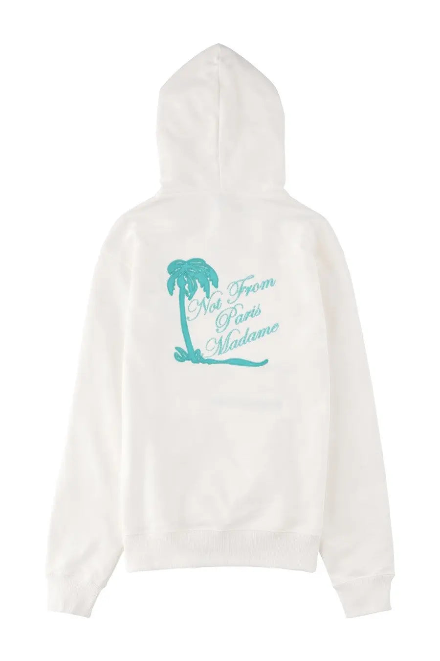 Back of white drôle de monsieur men’s hoodie with teal palm tree and not from paris madame embroidery