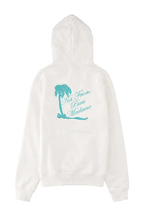 Back of white drôle de monsieur men’s hoodie with teal palm tree and not from paris madame embroidery
