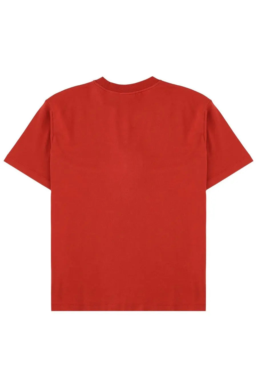 Red short-sleeved t-shirt with crew neck from drôle de monsieur featuring a men’s slogan design