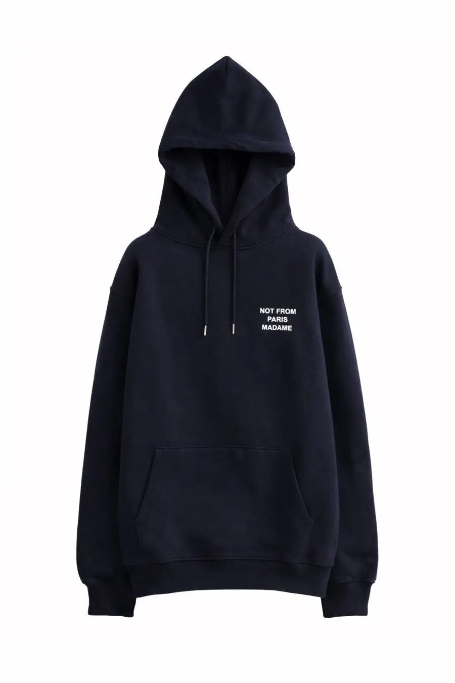 Drôle de monsieur men’s blue slogan sweatshirt with white not from paris madame text on black hoodie chest