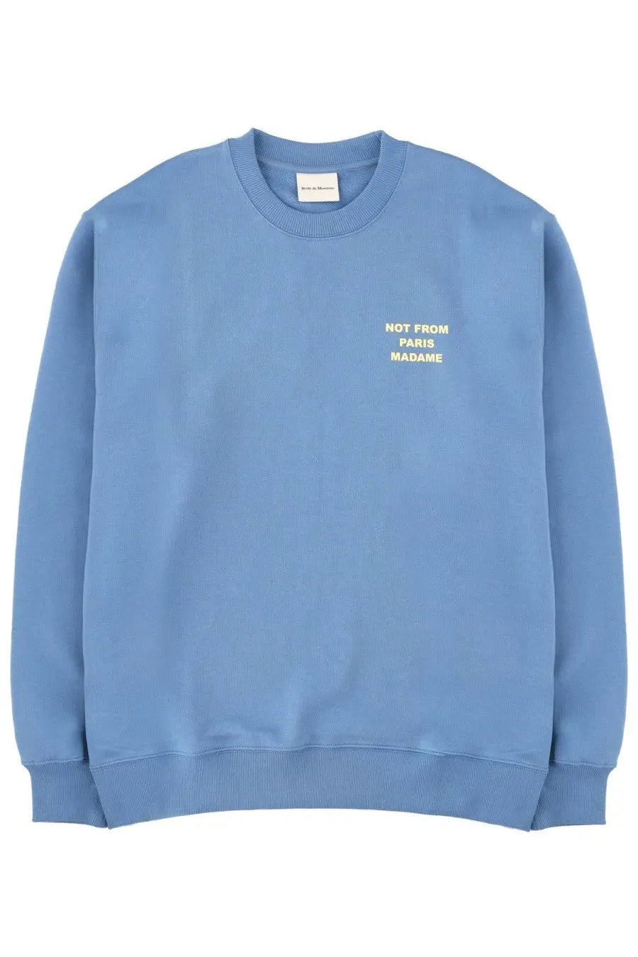 Drôle de Monsieur men’s soft light blue crewneck sweatshirt with subtle gold embroidered slogan on left chest