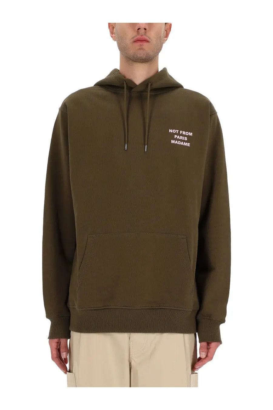 Drôle de Monsieur men’s olive green hooded sweatshirt with white embroidered text on the chest brown slogan style
