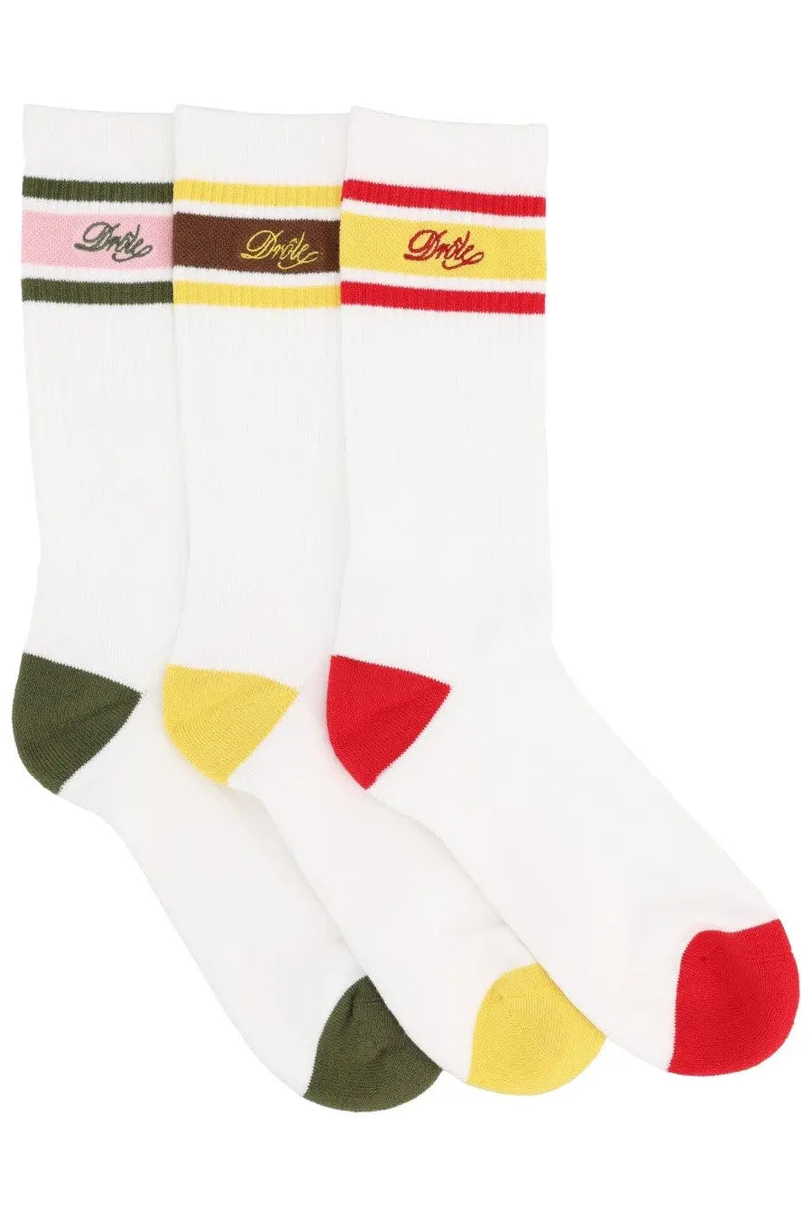 Three pairs of white crew socks with colorful striped bands and dolce logo embroidery by drôle de monsieur