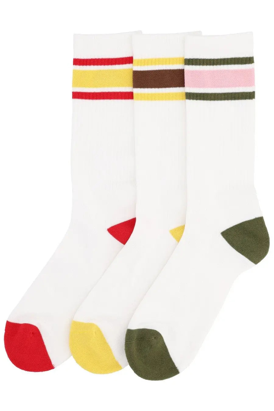 Drôle de monsieur men’s crew socks in white with colorful striped bands and matching toe caps in red yellow and olive green