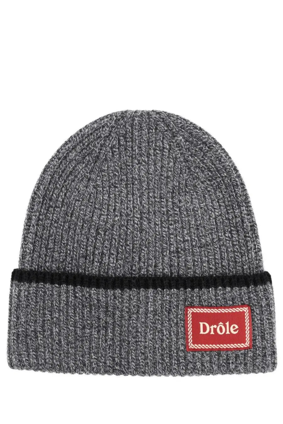 Drôle de Monsieur men’s grey wool cap with gray heathered knit, black ribbed cuff, and red drôle patch