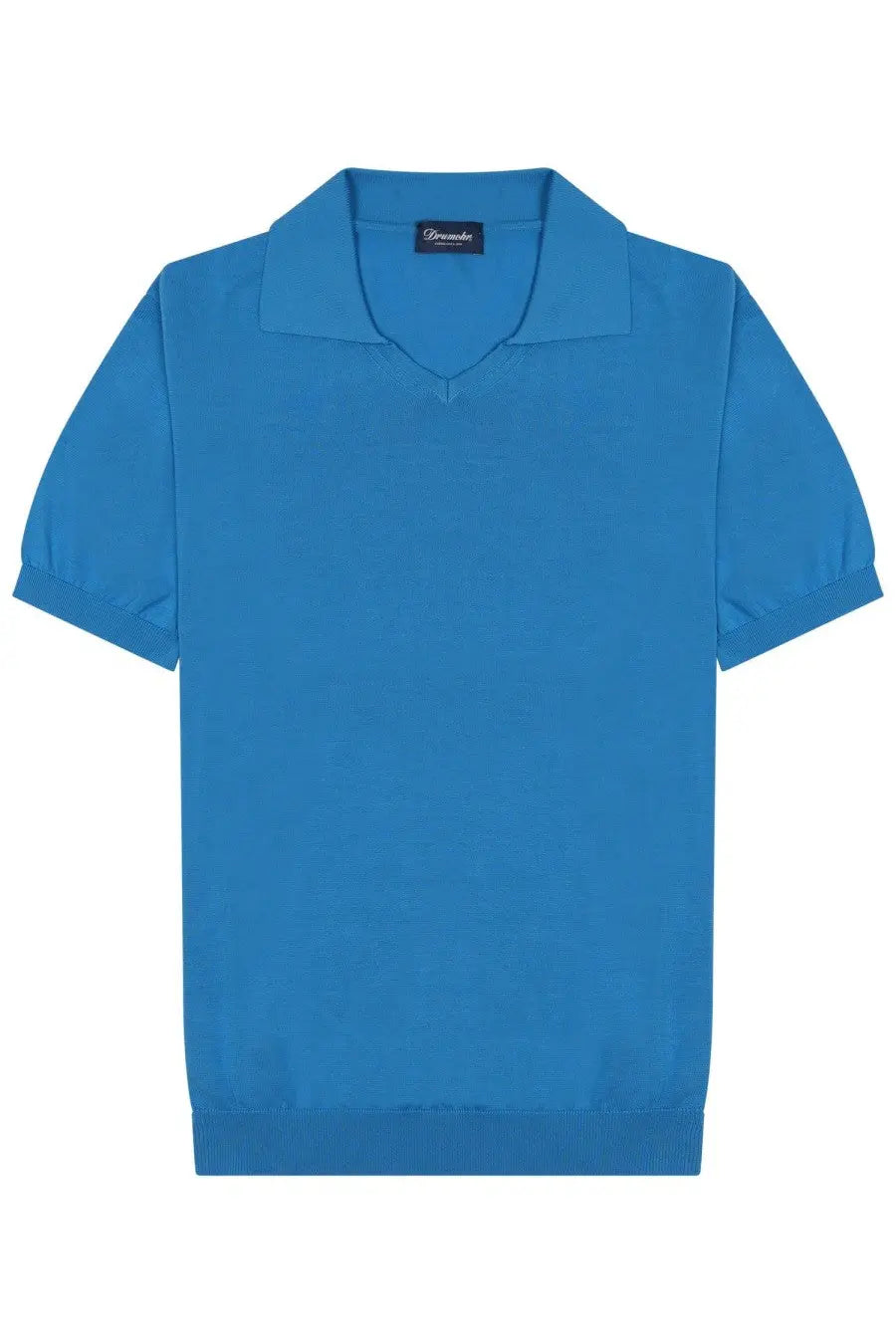 Drumohr men’s cotton polo blue with bright blue short sleeves classic collar and ribbed cuffs visible from front side