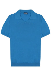 Drumohr men’s cotton polo blue with bright blue short sleeves classic collar and ribbed cuffs visible from front side
