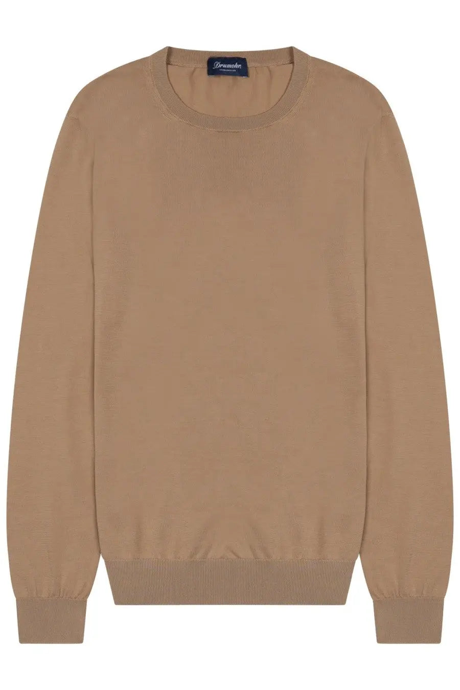 Beige Drumohr men’s cotton crewneck sweater with ribbed cuffs and hem and subtle brand tag at neckline