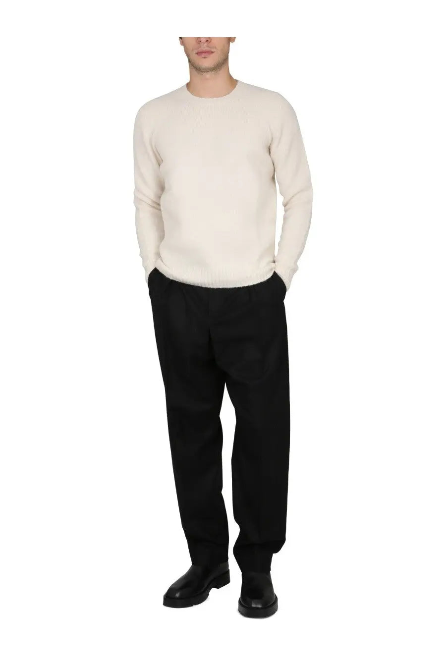 Drumohr men’s maglia in lana white cream-colored long-sleeved knit sweater with simple crew neckline