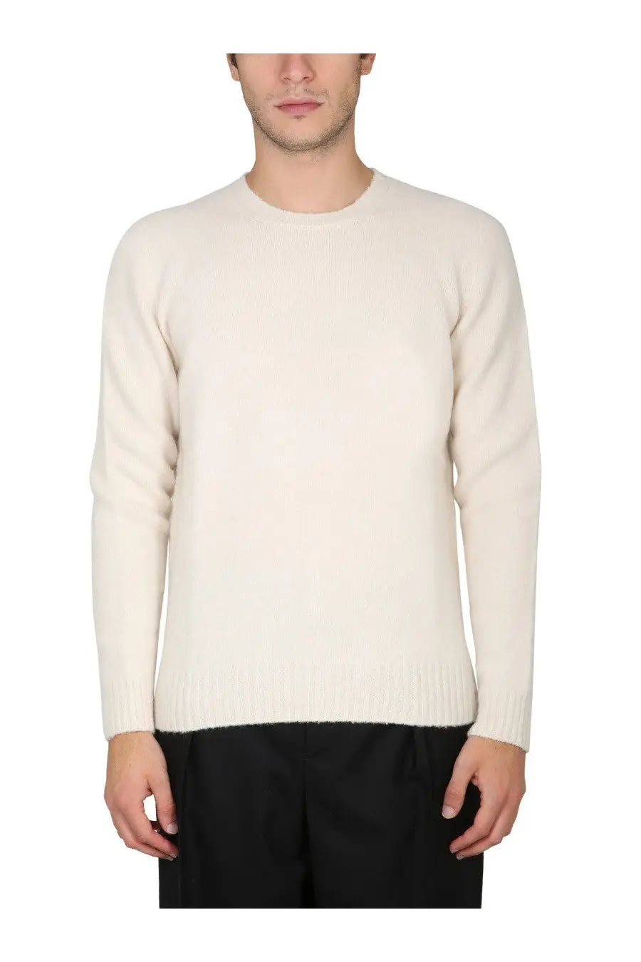 Drumohr men’s maglia cream-colored long-sleeved knit sweater in lana white with ribbed hem and cuffs