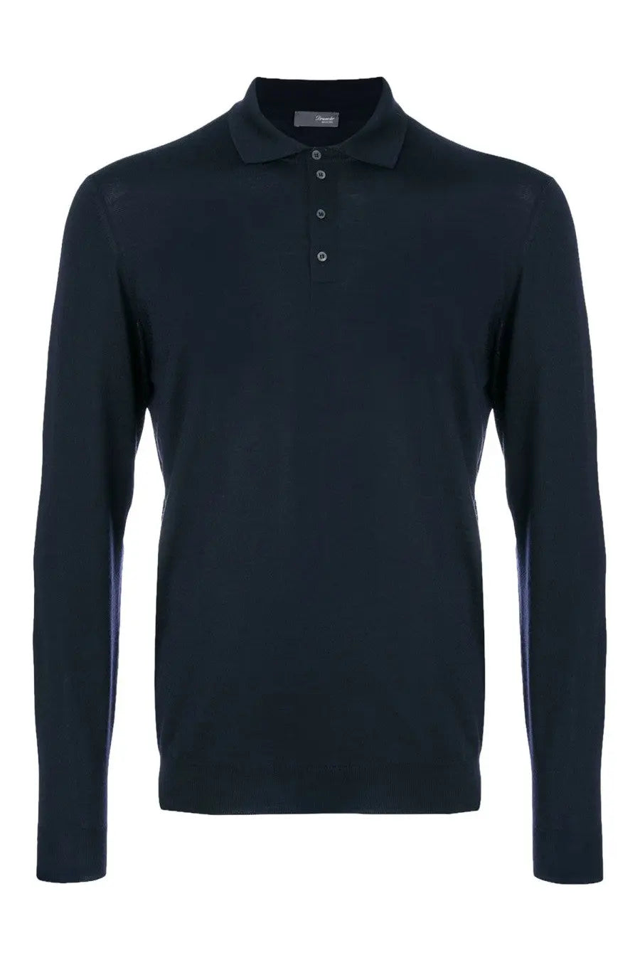 Black long-sleeved polo shirt with classic collar and silver buttons made from lana merino wool by drumohr