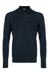 Black long-sleeved polo shirt with classic collar and silver buttons made from lana merino wool by drumohr